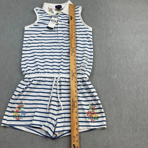 Polo Ralph Lauren Girls Large 12-14 White Blue‎ Striped 100% Cotton Mesh Romper